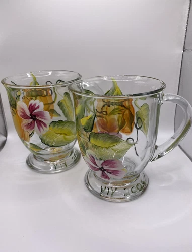 Set Of 2 Hand Painted Anchor Hocking Clear Glass Coffee Mugs