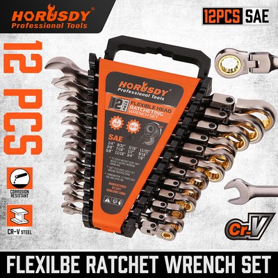 12PC Flex-Head Ratcheting Wrench Set Set w/ Organizer Metric/SAE 8-9mm 1/4 -7/8 