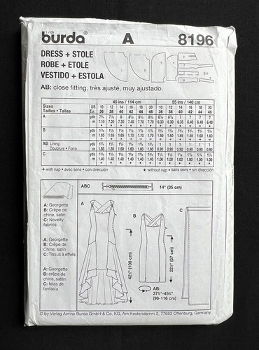 Burda 8196 Misses Dress-In 2 Styles & Stole 2005 Pattern size 10-20 Uncut - Picture 2 of 2