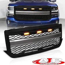 Front Upper Bumper Hood Mesh Grille Amber LED For 2016-2018 Chevy Silverado 1500