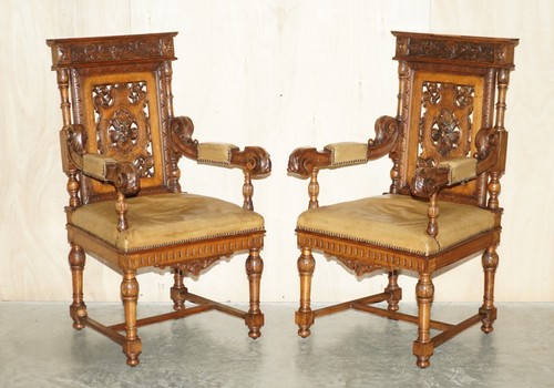 SIX ANTIQUE HAND CARVED WALNUT BROWN LEATHER GOTHIC REVIVAL DINING CHAIRS 6 - Picture 8 of 12