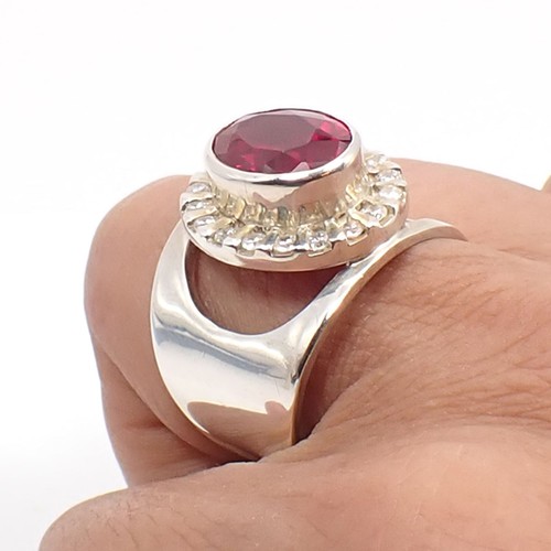 13x10mm Oval Created Ruby & CZ Gemstone Large Statement Ring 925 Sterling Silver - Picture 8 of 12