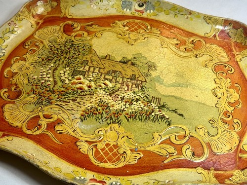 Vintage Paper Mache Tray Country Cottage Scene Alcohol Proof Made In Japan - Picture 2 of 6