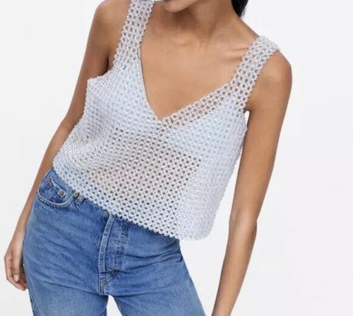 Zara limited edition Clear beaded top Size M BNWT Bloggers favourite | eBay