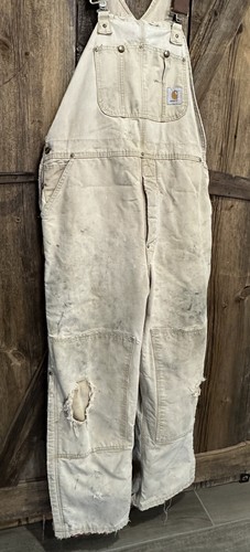 VTG 90s Carhartt Bib Overalls Brown Canvas Double Knee Quilted Distressed 42X30 - Picture 11 of 21