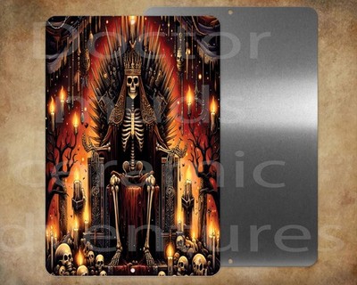 SKELETON KING ON THRONE   8 x 12'' metal sign Made in USA