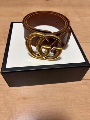 Gucci GG Logo Buckle Brown Leather Belt Mens Dress Waist 34 4cm Gold Tone