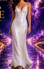 Morgan & Co. Sz 3 White Iridescent Sequin Deep V Formal Prom Maxi Gown