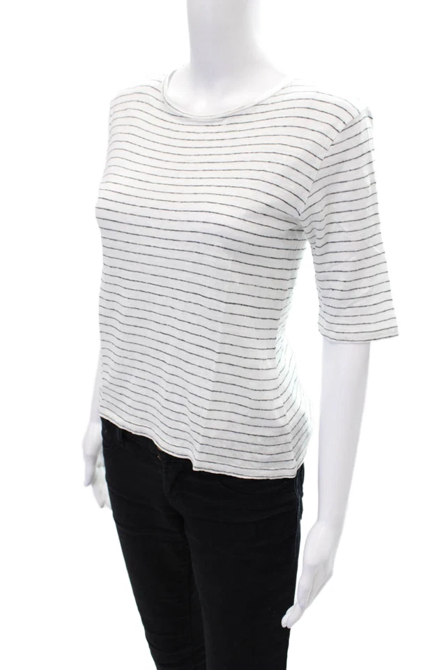 Camisa Vince feminina listrada de linho manga comprida branca preta tamanho médio - Imagem 2 de 4