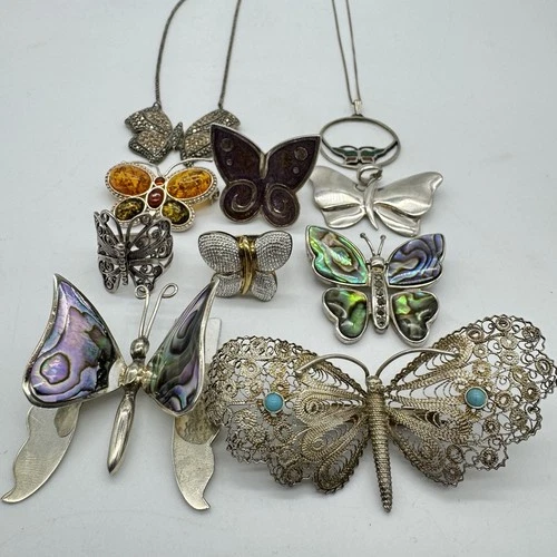 Vintage Sterling Silver Butterfly Jewelry Lot: Brooches, Necklaces, Rings, 2 oz