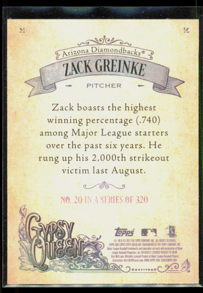 2017 Topps Gypsy Queen Missing Position Back Plate Zack Greinke #20 - Image 2 of 2