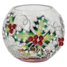 Shudehill Giftware Christmas Crackle Glass Tealight Holder Holly Design