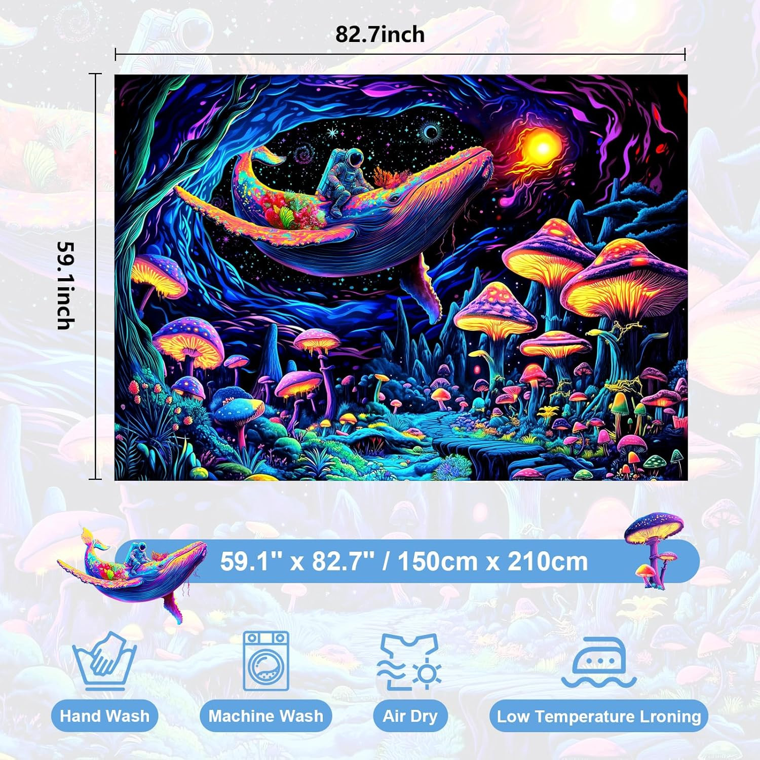 Black Light Tapestry, Astronaut & Whale Galaxy, Mushroom Landscape, Space Themed