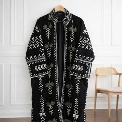 Black Suzani Embroidered Long Velvet Coat, Handmade Indian Boho Jacket, Ethnic S