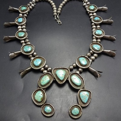 OLD Sterling Silver BLUE-GREEN TURQUOISE Squash Blossom NECKLACE Vintage Pawn