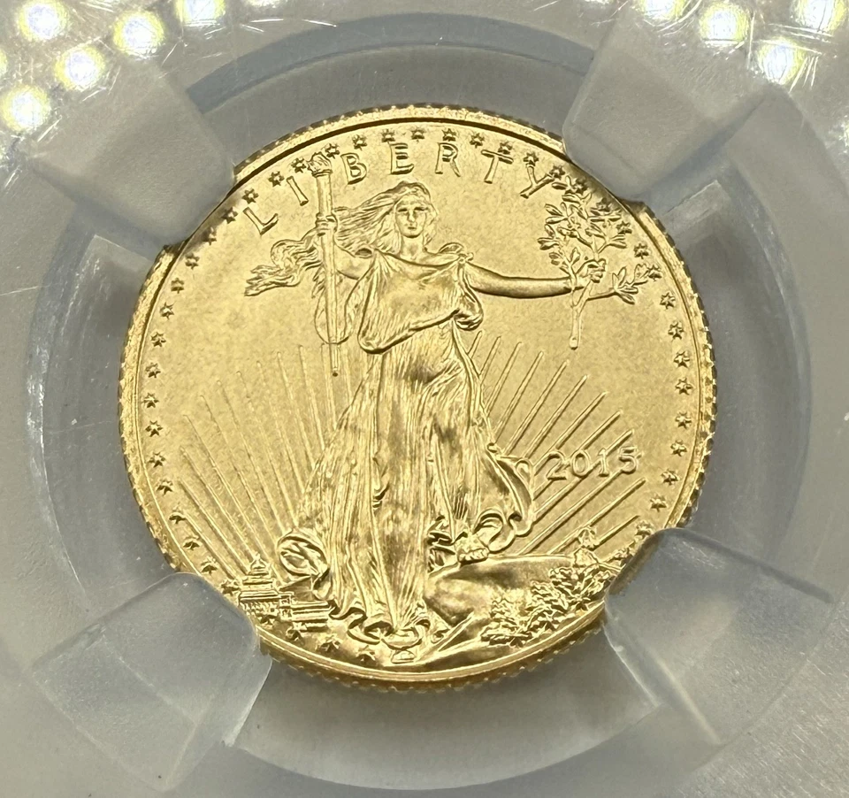 2015 Gold Eagle G$5 NGC MS70 Purple Trader Bea Core 5 Dollar 1/10th Oz Gold Coin - Image 3 of 4