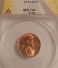 1954-S Lincoln Wheat Cent MS66 RD ANACS Nice RD No Spots Very Clean Yellow Label