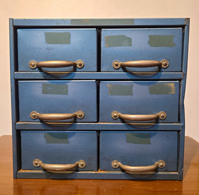 Vintage Industrial Index Cards Or Parts Blue Metal 6-Drawer Organizer Cabinet