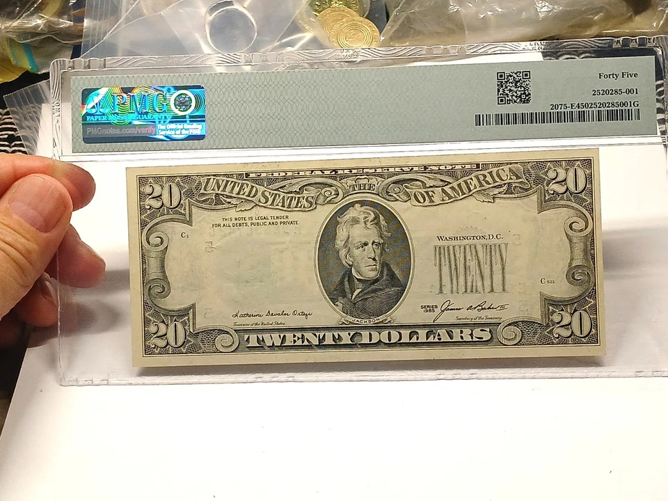 1985 $20 Federal Reserve Note PMG 45 – Major Overprint on Back Error – Richmond  - Image 3 of 4