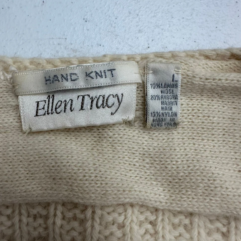 Ellen Tracy Women Hand Knit Sweater Sz L Cottagecore Lambswool Angora Cable Knit - Image 4 of 4