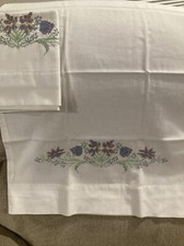 Vintage Embroidered Pillow Cases Set Of 2 White Reg. Cotton Floral Blue / Green
