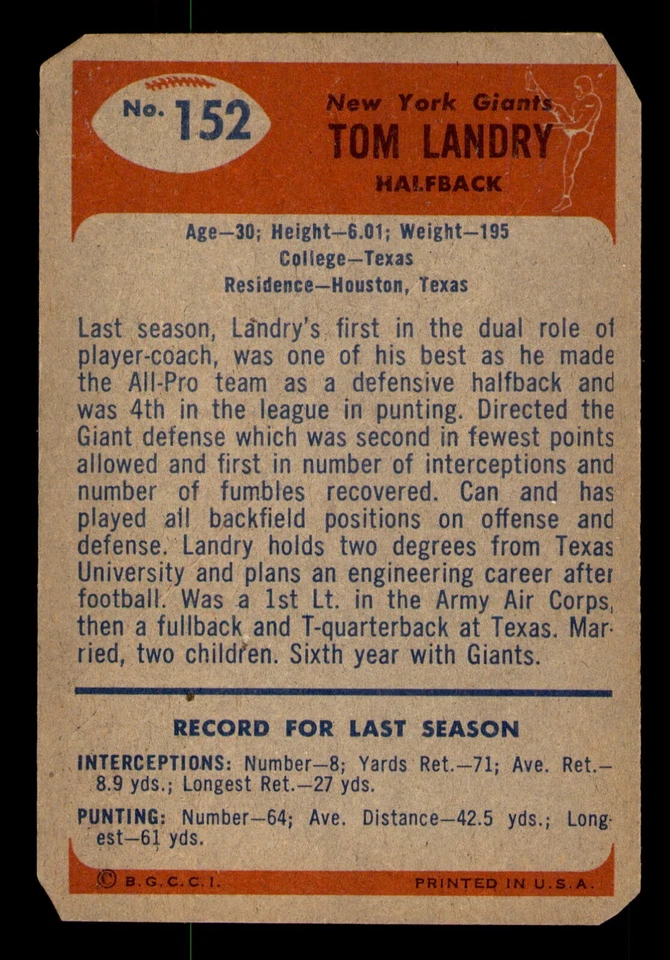 1955 Bowman #152 Tom Landry New York Giants (Corners cut) NO CREASING - Image 2 of 2