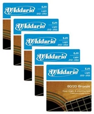 LOT OF 5 - D'Addario 80/20 Bronze Acoustic Guitar Strings, Light, 12-53, EJ11 ^5