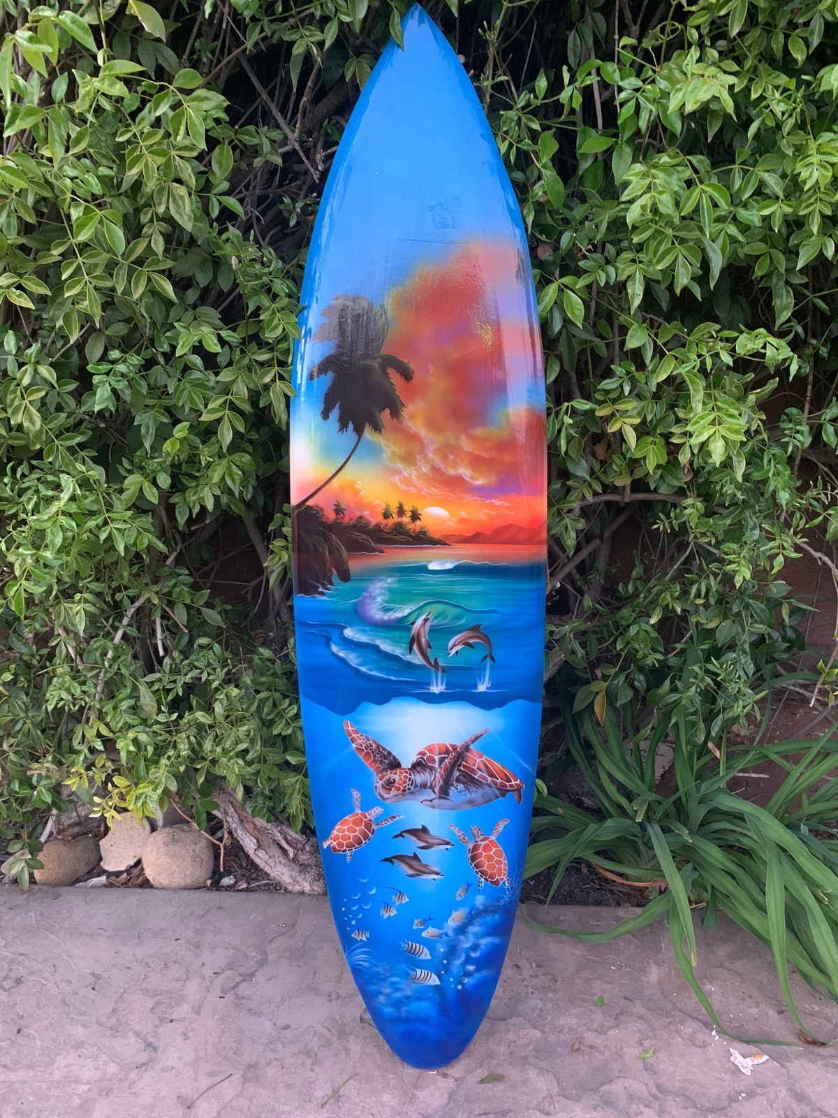 Tropical Ocean Sea Turtle Dolphin Airbrushed Mango Wood Decorative Surfboard