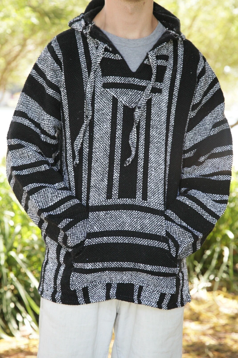 New Mexican Poncho Baja Hoodie Surfer Drug Rug Pullover Made in Mex Unisex Black