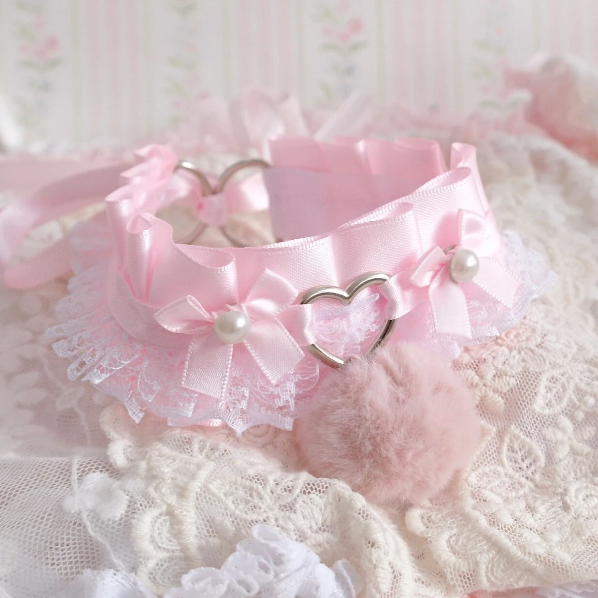 cute bunny tail faux fur ball heart baby pink choker necklacer