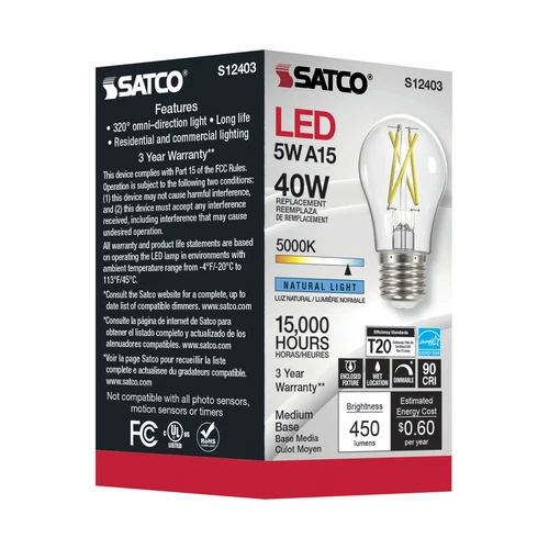 6 Pack Satco S12403 LED Filament 120V 5W A15 Medium E26 Clear 5000K Natural - Picture 5 of 8