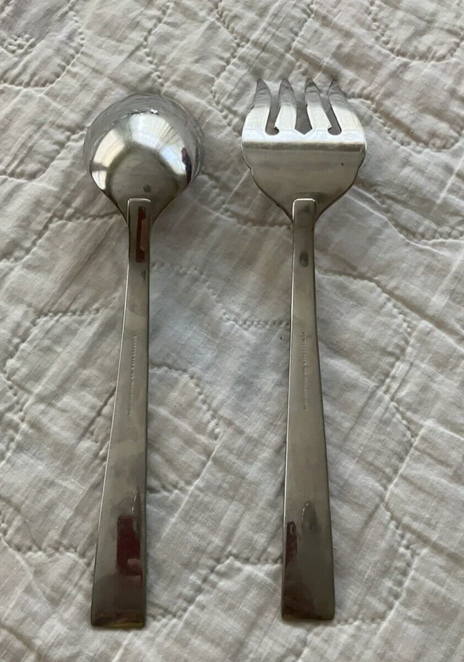 POTTERY BARN Japan Stainless Flatware Ridged 2 Serving Pieces Fork Spoon 8.5" - Image 2 of 3
