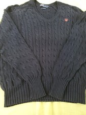 Vintage Polo Ralph Lauren Navy Blue Cable Knit V-Neck Pullover Sweater Size Med