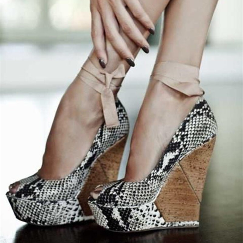 Damenschuhe Peeptoe Platform Keilabsatz Pumps Sandalen Kreuzbänder Schlangenhaut Damenschuhe Peeptoe Platform Keilabsatz Pumps Sandalen Kreuzbänder Schlangenhaut
