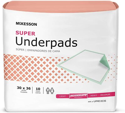 McKesson Super Underpad, 30 X 36 Disposable Fluff Polymer Moderate, Bag of 10