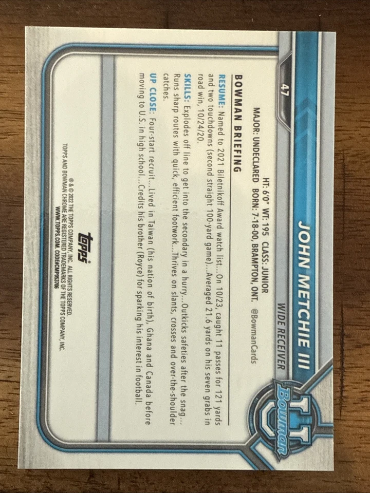 2021/22 Bowman U University Chrome John Metchie 1st RC Blue 117/199 #47 Texans - Image 4 of 4