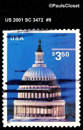 US 2001 SC 3472 $3.50 CAPITOL DOME USED NO GUM RED HAND CANCEL FINE/VERY FINE #9 - 第 1/2 張圖片