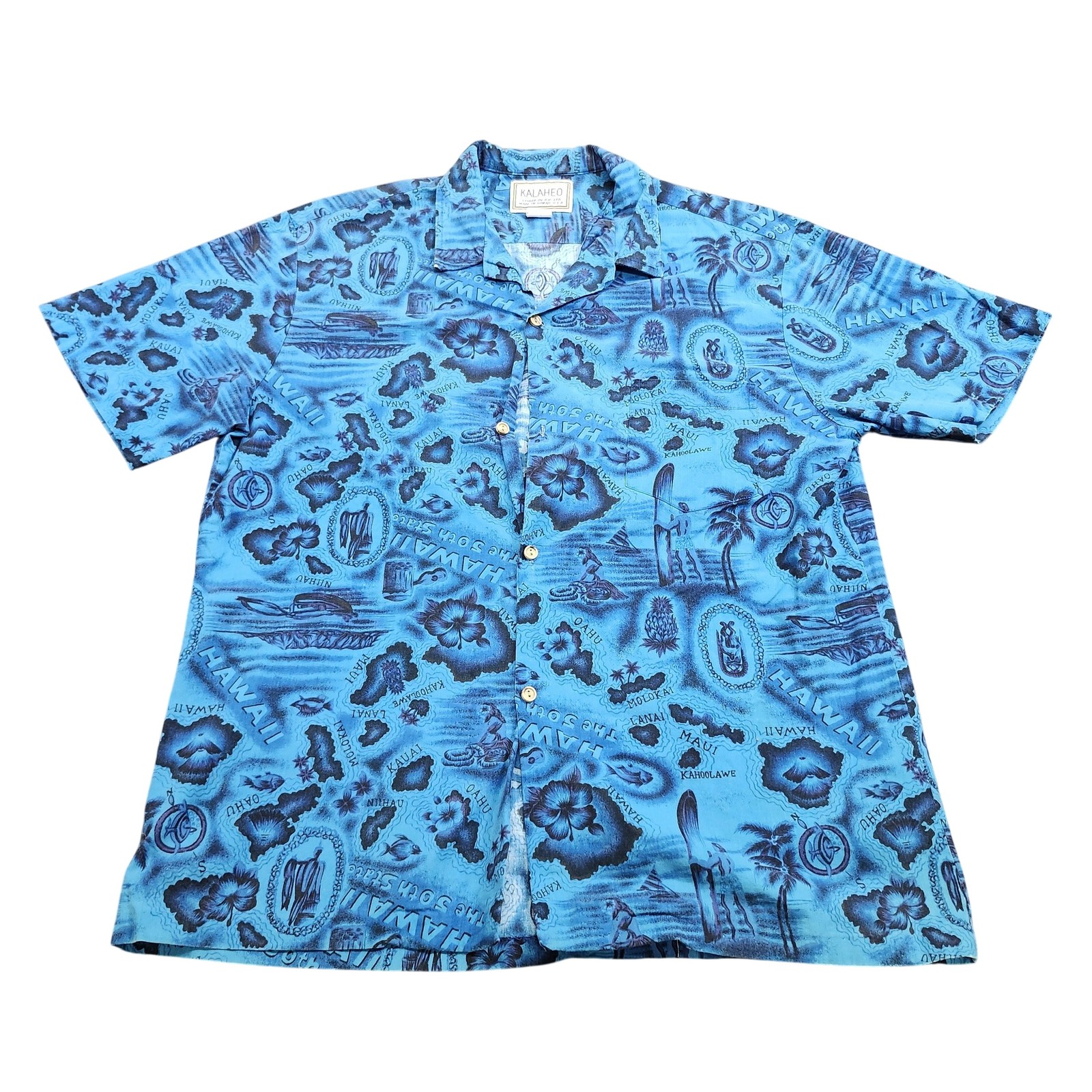 Kalaheo Shirt Mens XL Blue Hawaiian Map Print Short Sleeve Button Beach Tropical