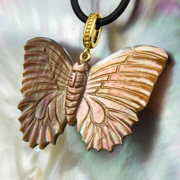 Alternate view of Carved Multicolor Shell Butterfly Pendant Gold Vermeil Sterling Silver 7.34g