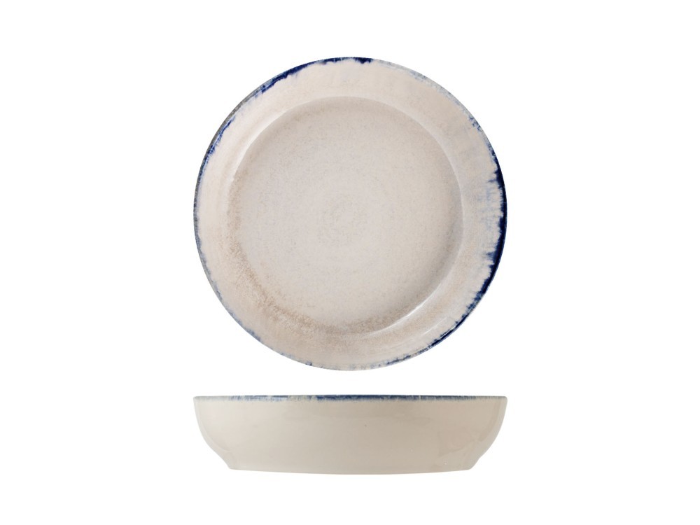 H&H Pack Of 12 Artisanal Stoneware Deep Plates Decorated With Blue Edge 20 Cm
