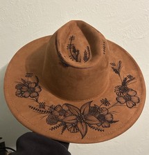 Custom Brown Floral Wood Burned Suede Cowboy Hat Wide Brim with/without String