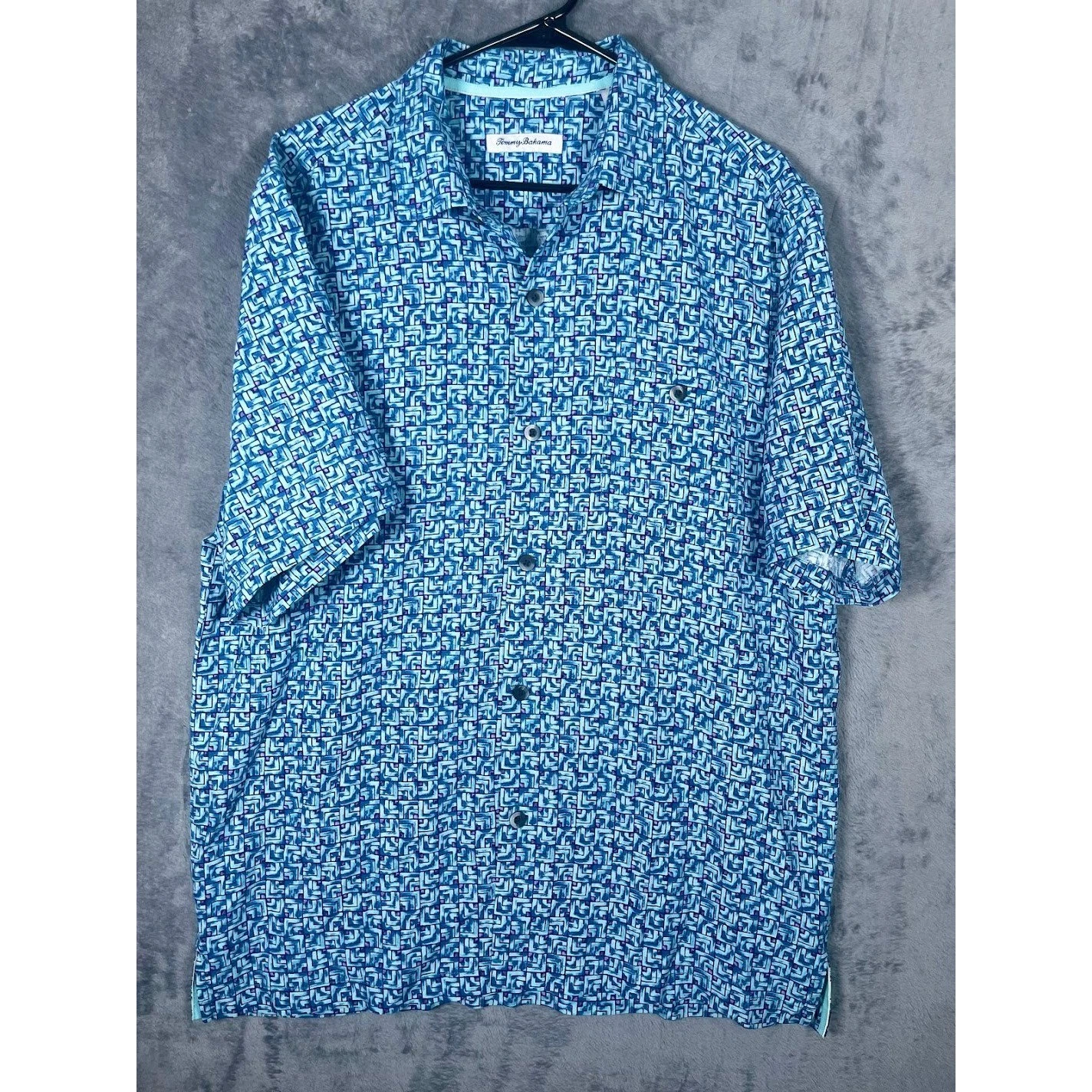 Tommy Bahama Mens Large Blue Geometric Mosaic Print 100% Silk Short Sleeve Shirt