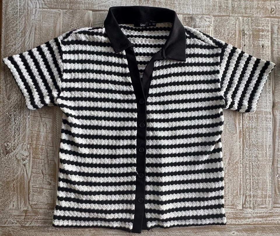 Sz S Sportsgirl Women's Crochet Knit Polo Shirt Black White Striped Short Sleeve