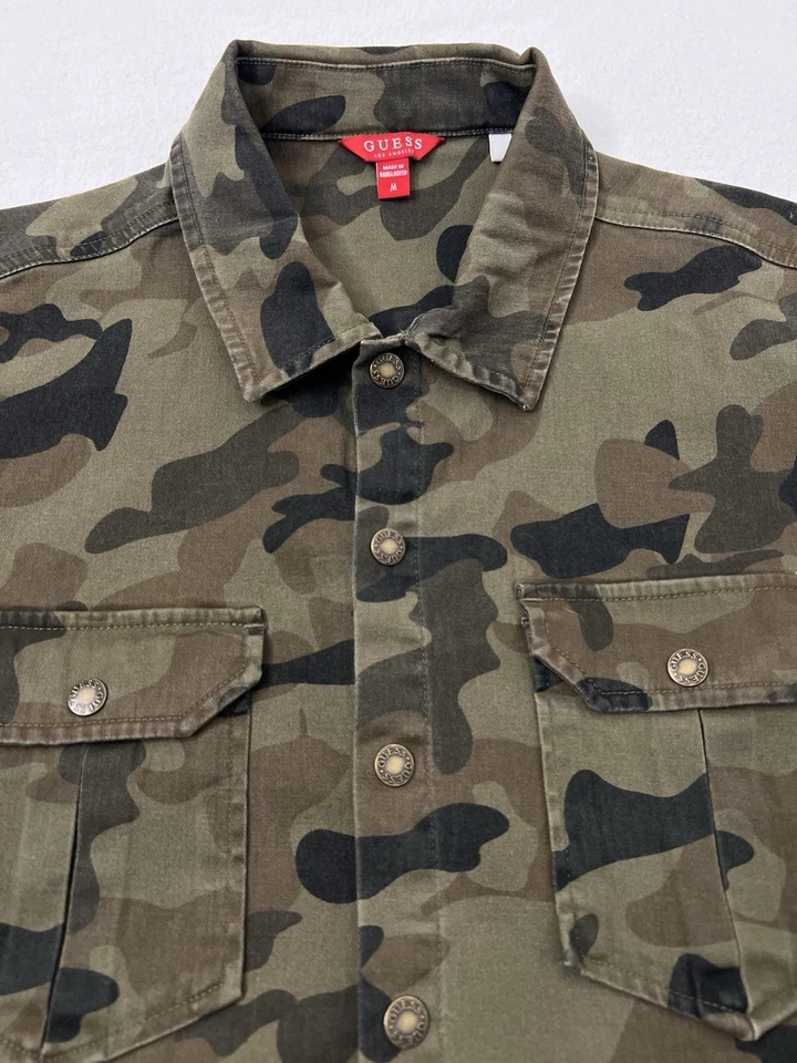 Guess 纽扣法兰绒衬衫男式中号迷彩帆布长袖按扣坚固 — 第 3/4 张图片