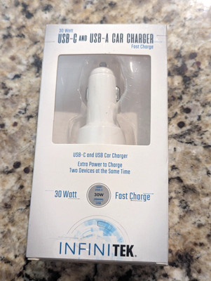 InfiniTek 30 Watt Dual USB-C and USB-A Car Charger Fast Charge White