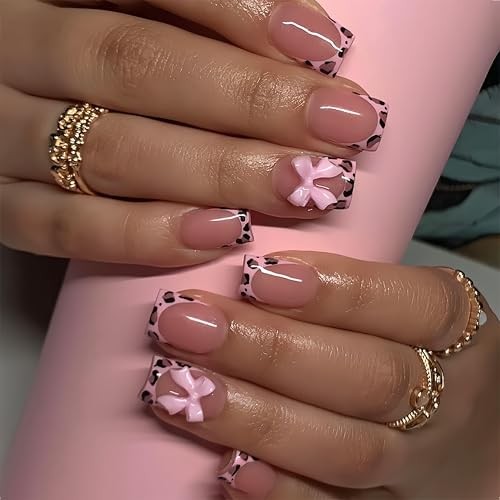 Leopard Print French Tip Press on Nails Square Fake Nails 3D Resin Bow leopard