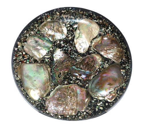 Abalone Seashell Lucite Round Trivet Hot Plate Acrylic Resin 6 5/8" MCM 1960's