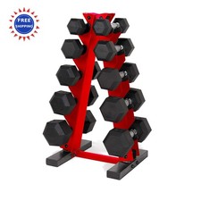 Rubber Coated Hex Dumbbell Hand Weight Set 150 LB with Vertical Storage Rack
