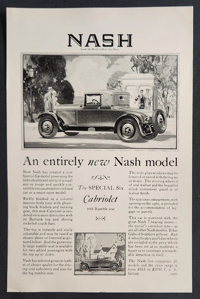 1927 Nash Special Six Cabriolet w/ Rumble Seat Color Ad-Original 100 Years Old! - Image 1 of 1