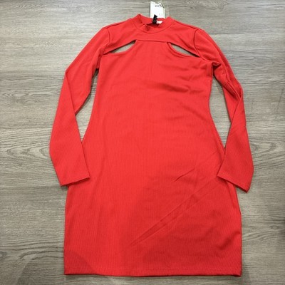 Divided H&M Red Cut Out Ribbed Jersey Long Sleeve Bodycon Dress | Size M | NWT